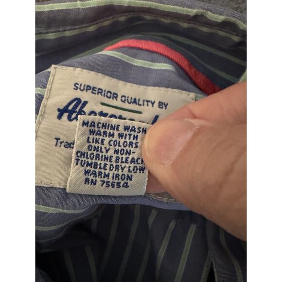 Abercrombie & Fitch Y2K Shirt Mens L Blue Stripe Button Down Preppy Moose Logo - Picture 6 of 12